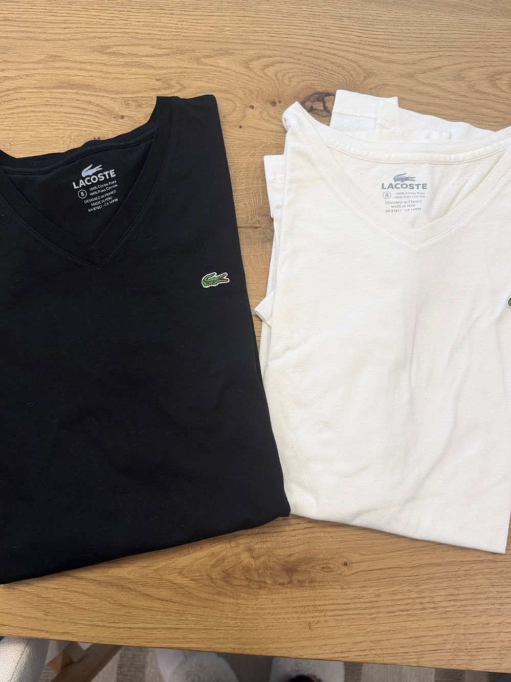 2-Lacoste V-Neck Prima Cotton Tees - Black & White W/ Signature Logo-Size 8